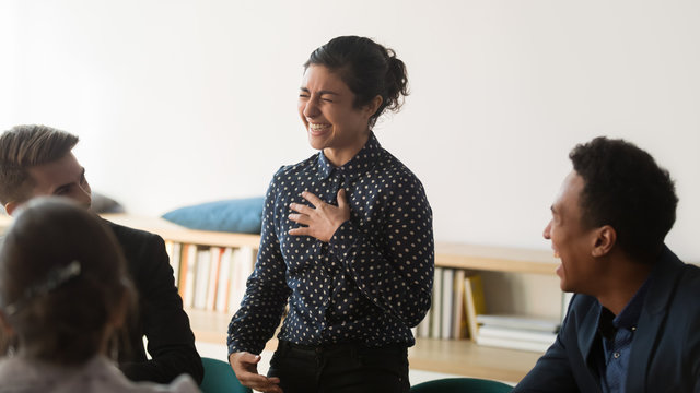 Happy Funny Indian Woman Business Leader And Diverse Team Laughing