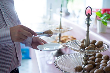 people group catering buffet food indoor, with food and beverage,Eat together.