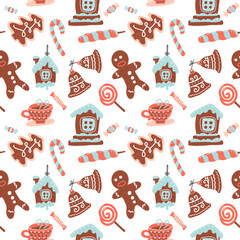 Christmas Seamless pattern with cacao drink, ginger cookie, candy cane and lollipop. Xmas sweets. Vector illustration for textile, postcard, wrapping paper, poster, background, book, t-shirt.