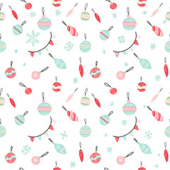 Seamless pattern with Christmas Decor. Only Christmas toys and flag garland in hand drawn doodle style. Can be used as background, packaging paper, cover, fabric and etc. Freehand drawing