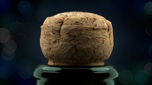 Cork flies out of champagne bottle on bokeh background 3d 4K