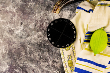 Jewish ritual festival of Sukkot in the jewish religious symbol Etrog, lulav, hadas, arava tallit...