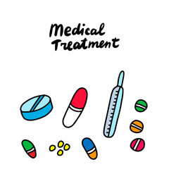 Medical treatment hand drawn vector illustration with pills drops capsules drugs symptoms of menstrual cycle