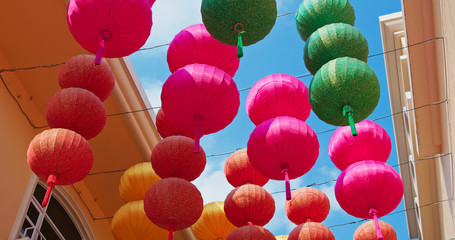 Fototapeta na wymiar Colorful chinese style lantern hanging outdoor under clear blue sky for Lunar new year