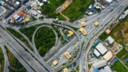 Aerial top view of Toll expressway and motorway payment point, Road traffic an important infrastructure in bangkok Thailand