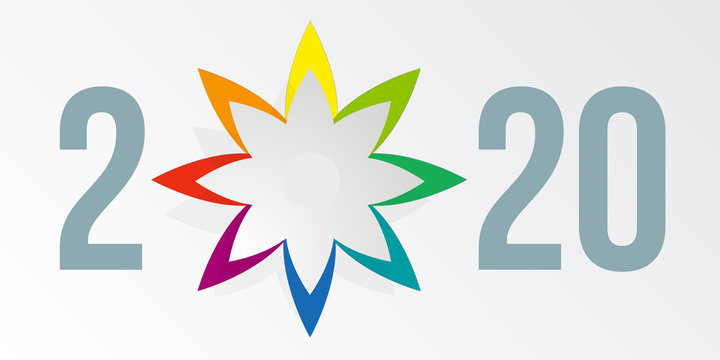 Carte de vœux 2020, design sur fond blanc, avec une étoile à 8 brances présentant les principales couleurs du cercle chromatique.