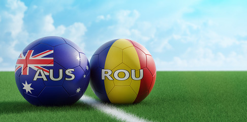 Romania vs. Australia Soccer Match - Soccer balls in Australia and Romania national colors on a soccer field. Copy space on the right side - 3D Rendering