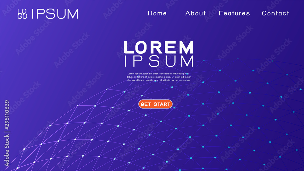 Poster landing page template with abstract gradient and 3d mesh network background. vector illustration