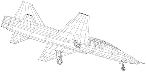 Airplane jet close-up. Vector rendering of 3d. Wire-frame.