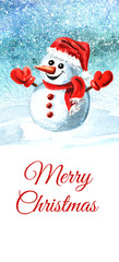 Cute smiling snowman. New year and Christmas background and greeting card or invitation. Watercolor hand drawn illustration