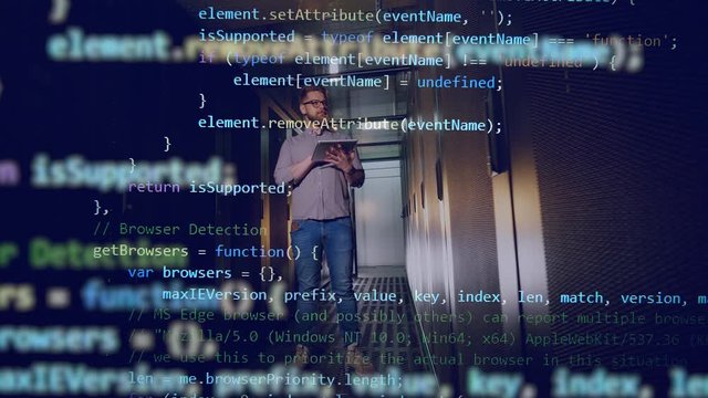 Encrypted data is turning up above the image of the IT specialist