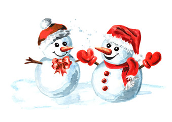 Two Cheerful snowmen in a red caps. Watercolor hand drawn illustration isolated on white background