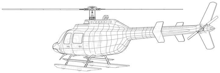 Helicopter. Created illustration of 3d. Wire-frame style. The layers of visible and invisible lines are separated