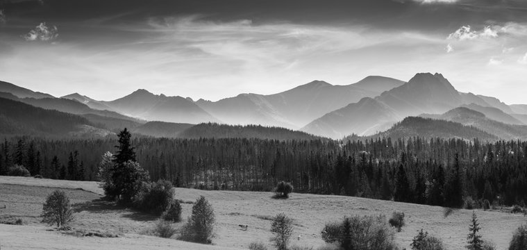 Panorama of Tatra Mountain Ridge in black and white