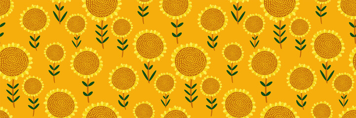 Leuke bloemenprint. Naadloos patroon met kleine hand getrokken zonnebloemen op heldere gele achtergrond. Abstract botanisch panorama, behang, stof, sjabloon voor zonnig ontwerp... Vectorillustratie.