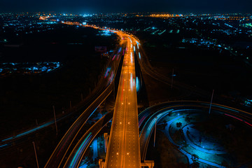 Rail track and conductor rail transportation, Aerial top view, Road Expressway traffic highway...