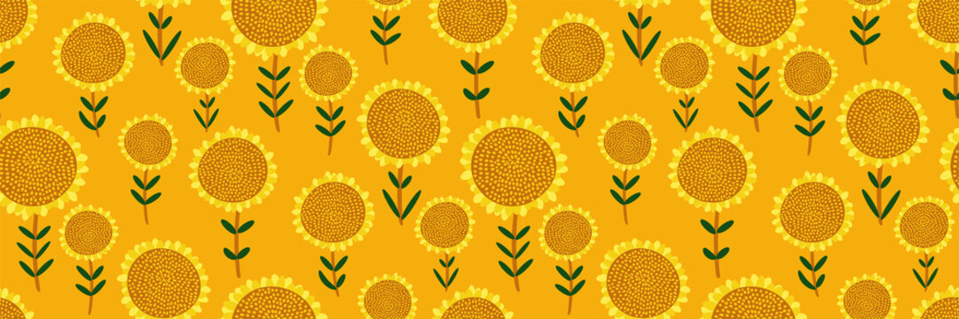 Cute floral print. Seamless pattern with small hand drawn sunflowers on bright yellow background. Abstract botanical panorama, Wallpaper, fabric, template for sunny design...Vector illustration.