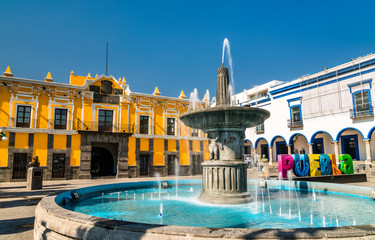 Fountain and Teatro Principal in Puebla, Mexico