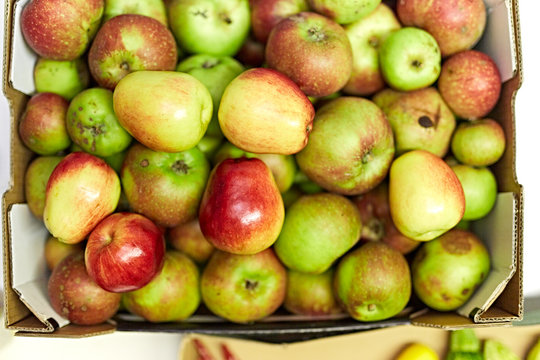 Red and green apples in a box