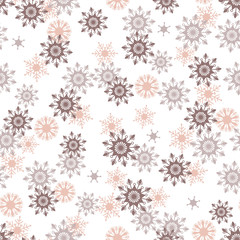 Simple pink and taupe bohemian Christmas lace overlapping snowflakes vector seamless pattern on white background for fabric, wallpaper, scrapooking projects for the winter Holidays.