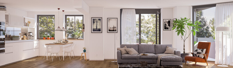 panorama view inside modern european apartment