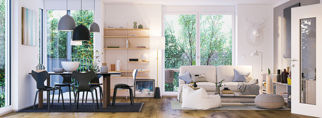 panorama view inside modern european apartment