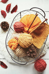 Knitting needles and yarn among autumn leaves and pine cones