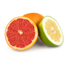 Naklejka na ściany i meble A group of green and orange grapefruit / pomelo is cut into pieces with juicy yellow and red pulp Isolated on a white background. Side view.