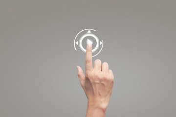 Hands touching button screen interface global connection customer networking