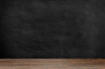 Wood table and black wall background 3d illustration