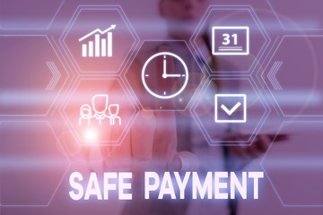 Conceptual hand writing showing Safe Payment. Concept meaning webpage where credit card numbers are entered is secured Woman wear work suit presenting presentation smart device