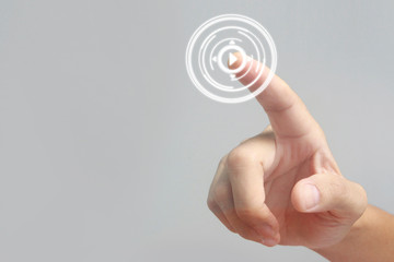 Hands touching button screen interface global connection customer networking