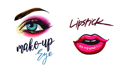 Makeup artist business card template. Vector hand drawn illustration of colorful women eyes  make-up. Concept for beauty salon, cosmetics label, visage and makeup, Motivation quote: beauty salon