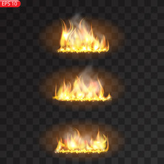 Realistic burning fire flames vector effect with transparency for design.