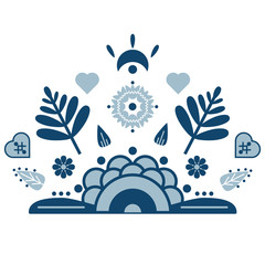 Folk art vector ornament with symbols, hearts, and flowers. Scandinavian design.