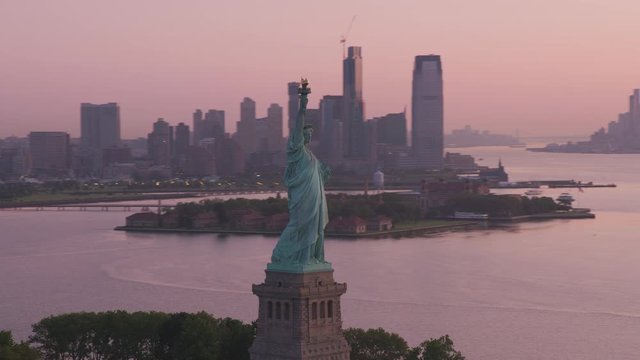 Aerial view of Statue of Liberty at sunrise