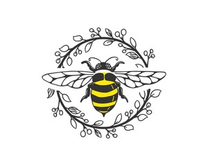 bee logo template with circle floral frame - obrazy, fototapety, plakaty