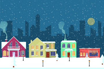 Seamless border with winter cityscape. Snowy night in a cozy city. Winter Christmas Village NIGHT landscape.