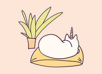 Cute cartoon character cat unicorn, funny vector illustration. T-shirt print graphic art.