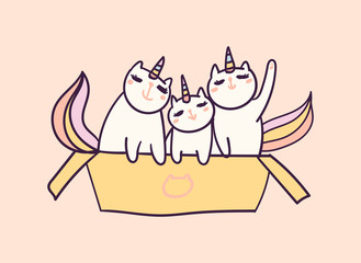 Cute cartoon character cat unicorn, funny vector illustration. T-shirt print graphic art.