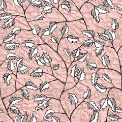 Branch with leaves or foliage, hand drawn vintage seamless pattern on pink crumpled paper background