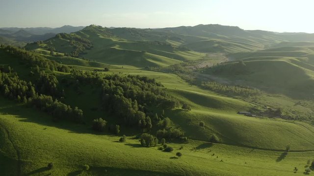Aerial Drone Footage View: Flying over spring mountains, hills and meadows with pine forests in sun soft light. Europe. Beautiful landscape