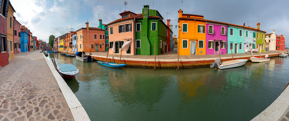 Panorama. Facades of traditional old houses on the island of Burano.