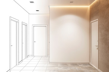 Sketch of empty modern entrance hall with a mock-up wall and doors became real interior. Front view. 3d illustration.