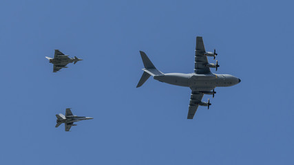 f18 eurofighter a400m formation military jet fighter