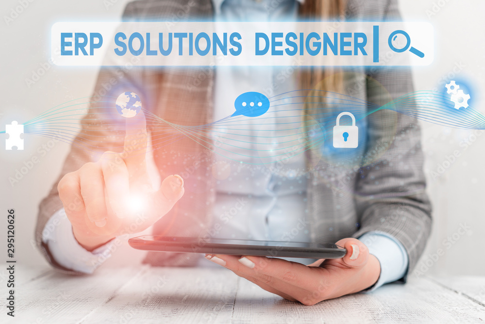 Poster text sign showing erp solutions designer. business photo showcasing elegant optimized modularised an