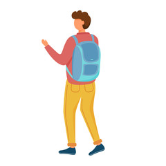 Walking young man with backpack flat vector illustration. Student traveler. Holiday trip. Full body caucasian guy in casual clothes with bag isolated cartoon character on white background