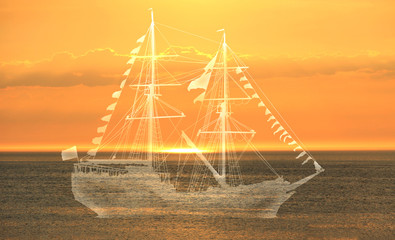 Retro sailing ship on sea and dramatic sky