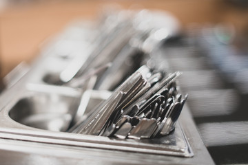 Storage of clean cutlery. Cutlery in a cafe, food court, restaurant. Catering.