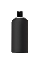 Black plastic bottle for shampoo or cosmetics, isolated on white